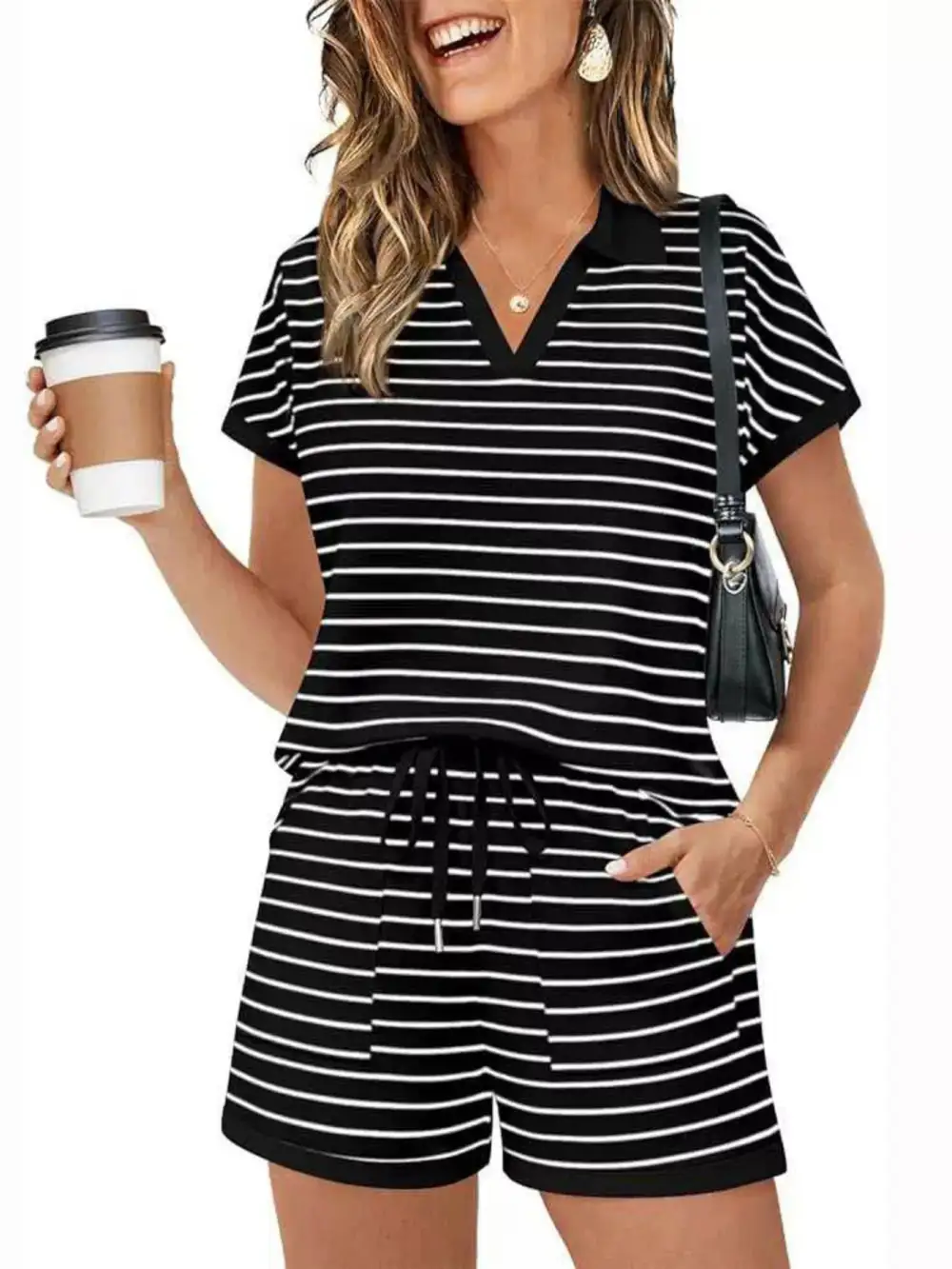 Striped Short Sleeve Polo Shorts Set