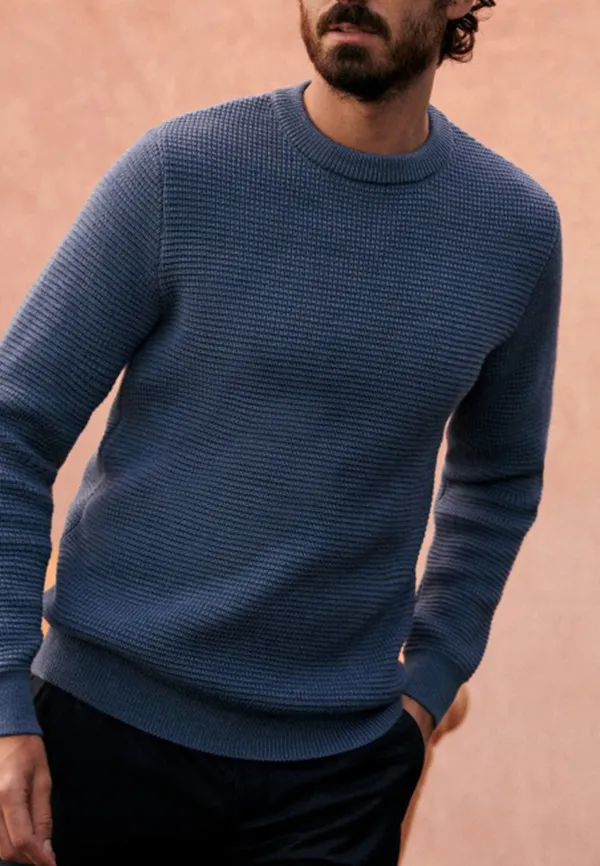 Slate Blue Fine Ribbed Knit Crew Neck Sweater