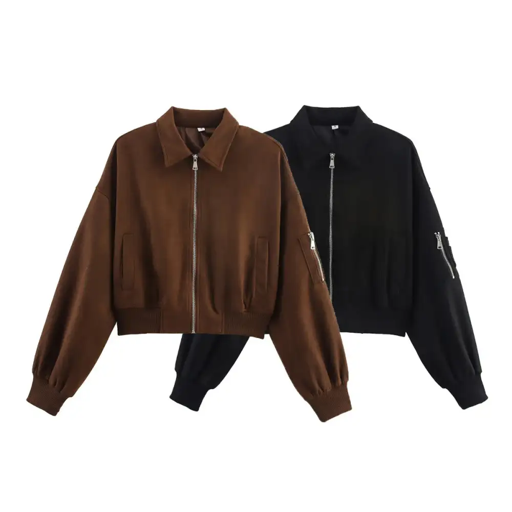 Cropped Velvet Touch Zip Front Ribbed Trim Bomber Jacket