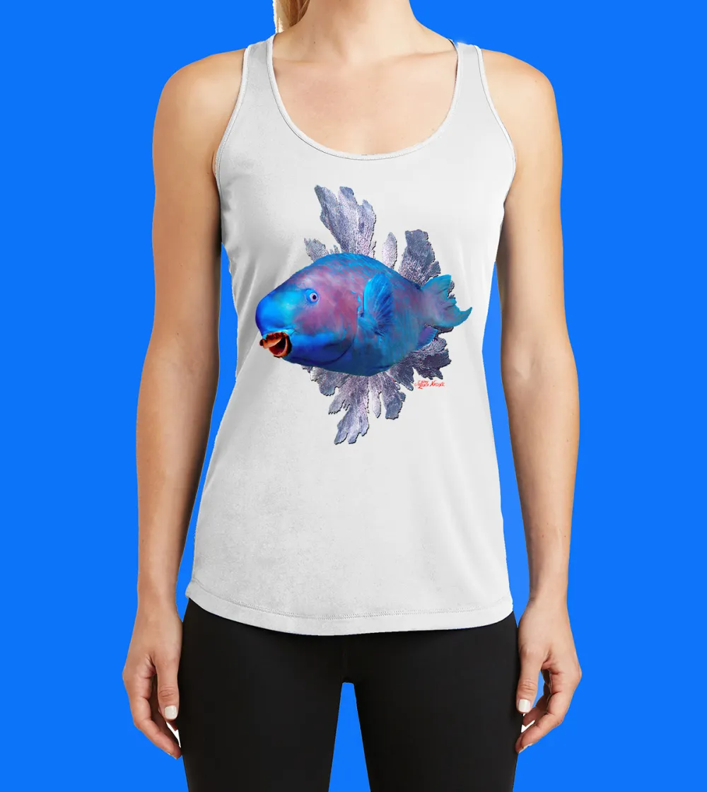 Blue Parrotfish With Seafan Printed Racerback Tank Top