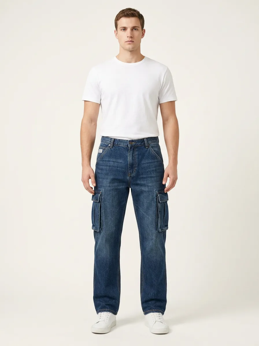 Men's Casual Utility Style Blue Denim Cargo Pants