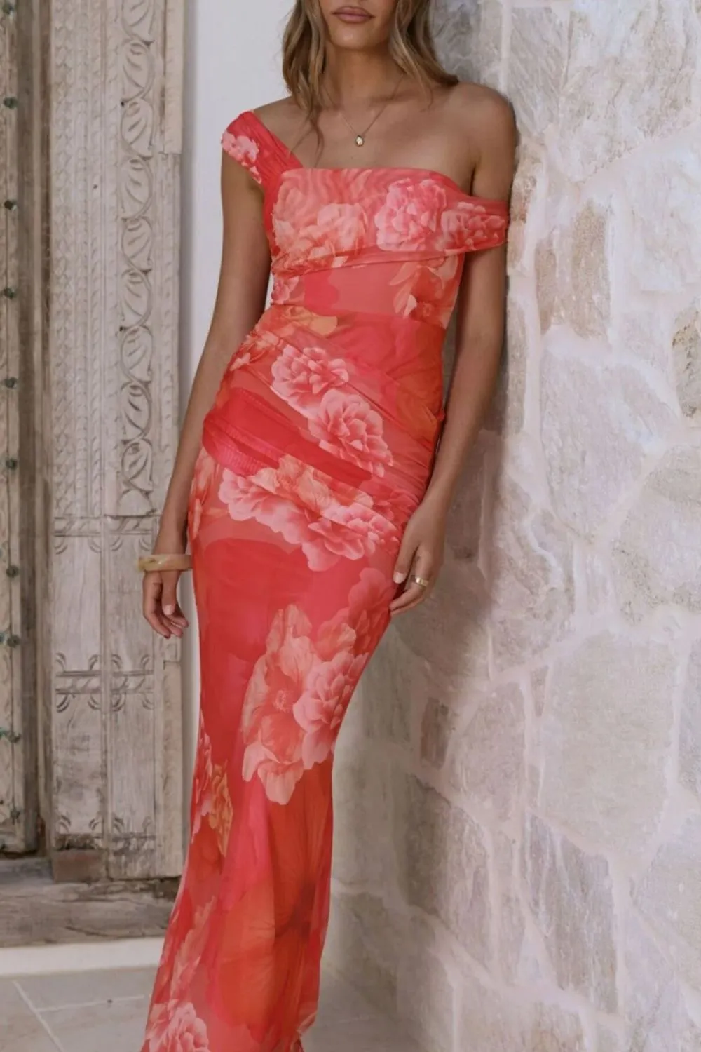 Classic Ruched One-Shoulder Floral Maxi Dress