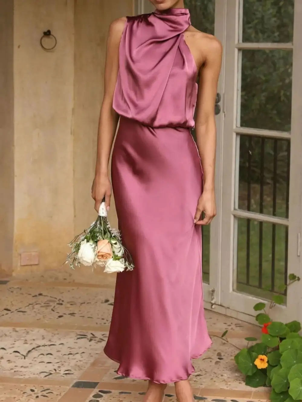 Modern Ruched Sleeveless Midi Dress