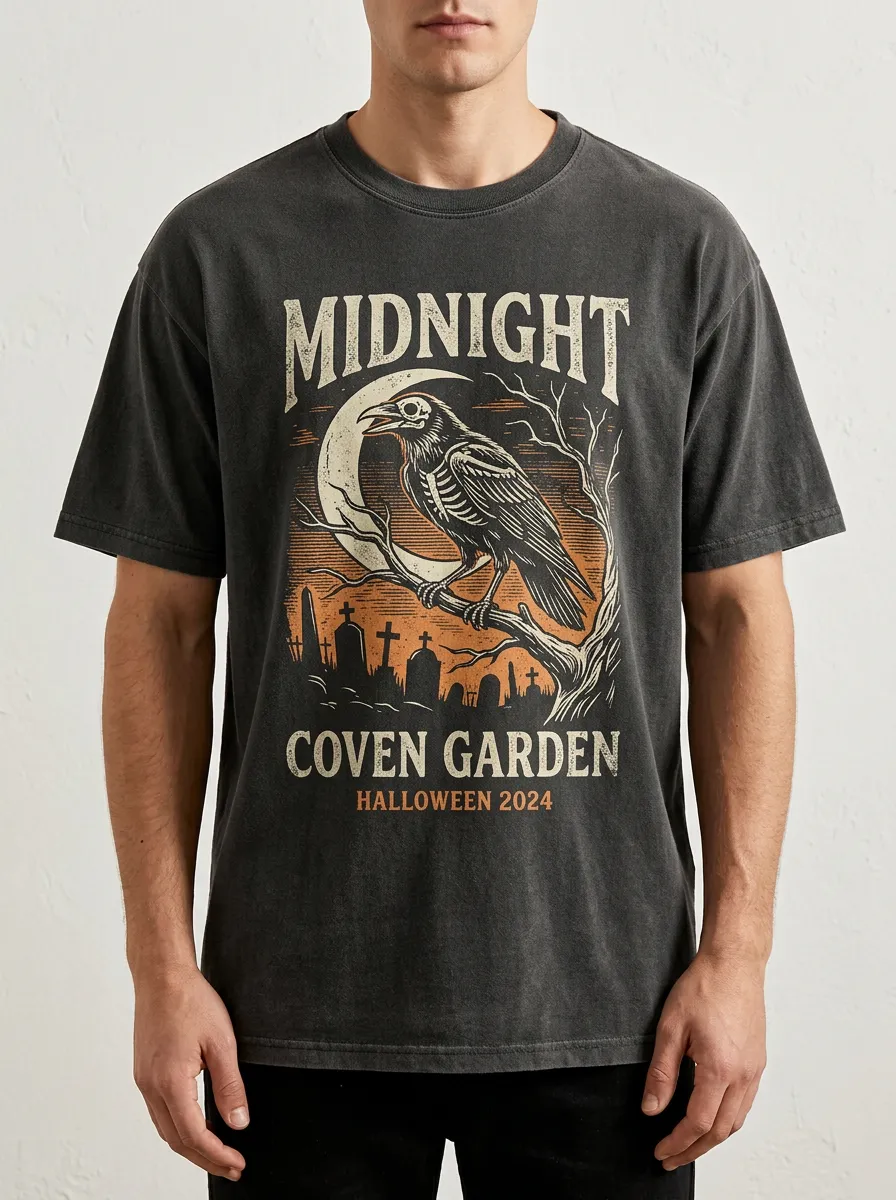Men's Halloween Gothic Raven Skeleton Moon Printed T-shirt