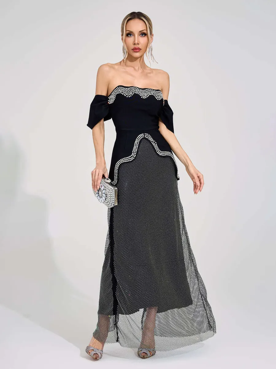 Arabella Black Rhinestone Maxi Skirt Set