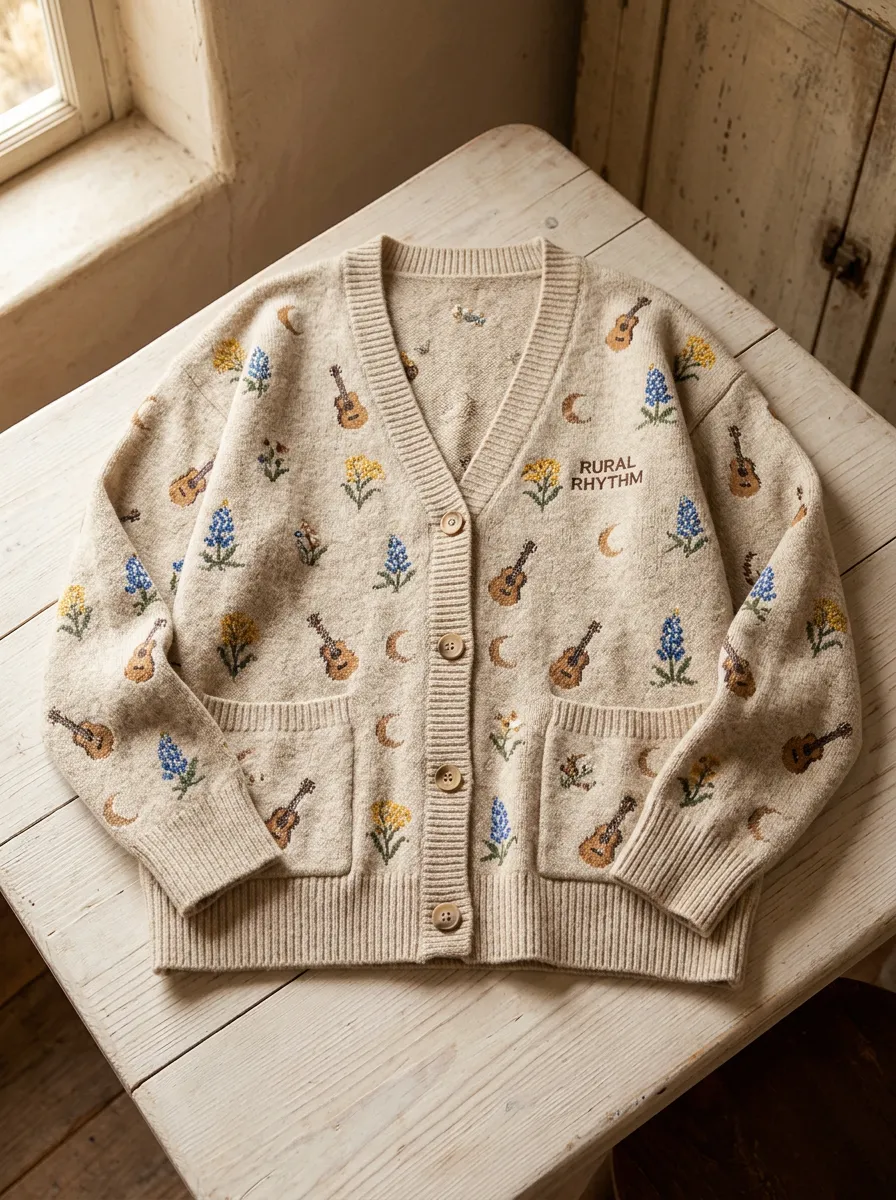 Guitar Floral Moon Embroidered-Detail Women's Country Music Knit Cardigan