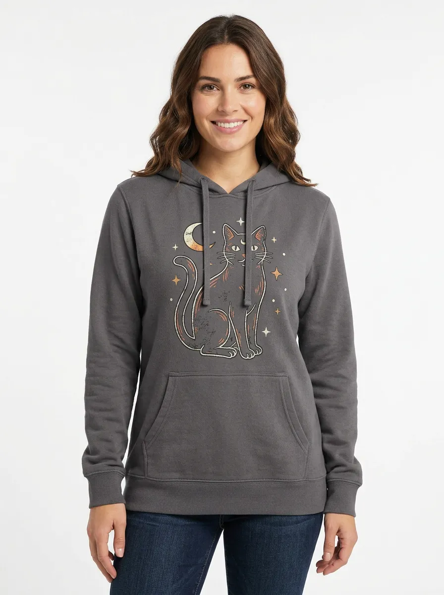 Women's Halloween Cat Moon Stars Printed Hoodie