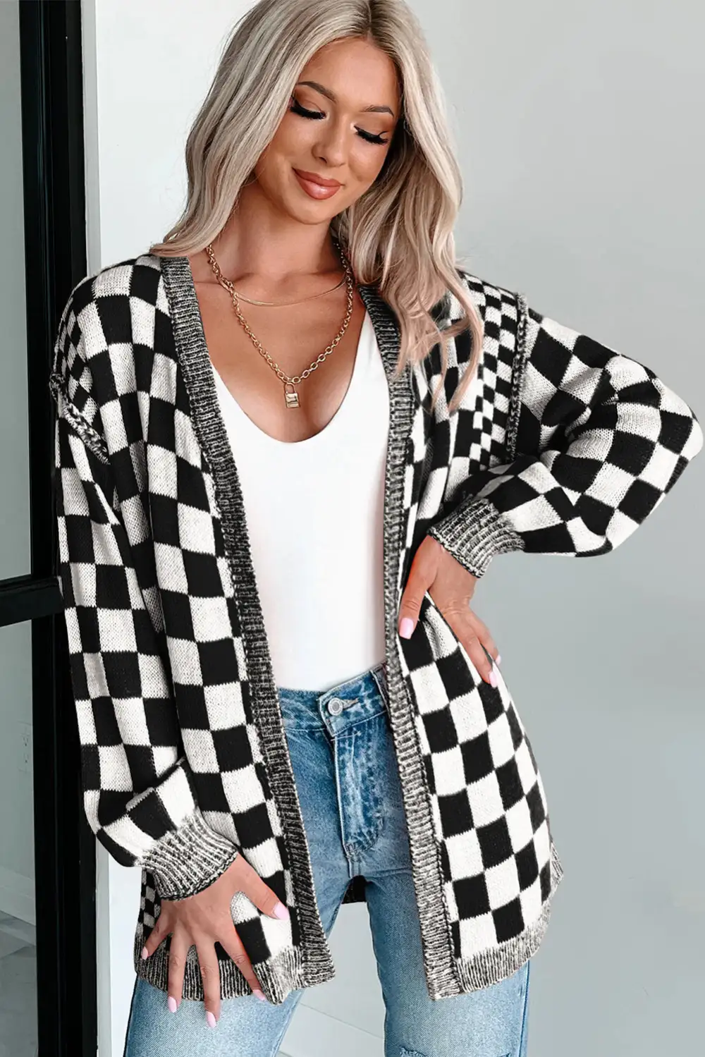Checkered Open Front Drop Shoulder Cardigan