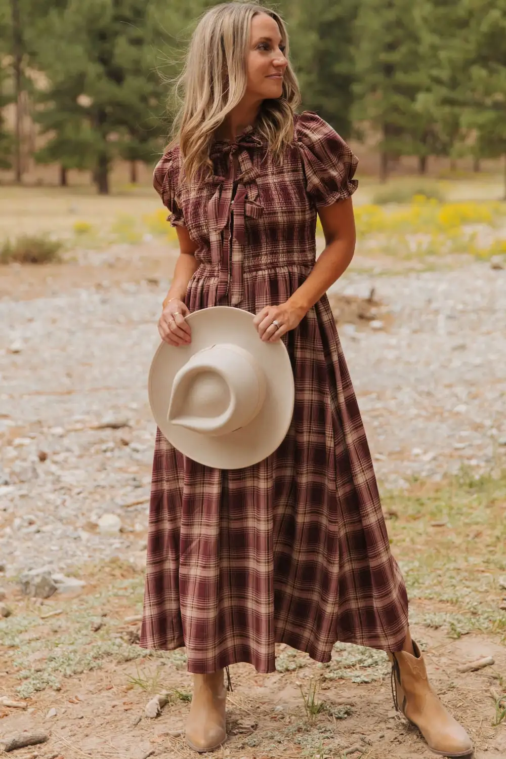 Vintage Plaid Knot Front Smocked High Waist Midi Dress