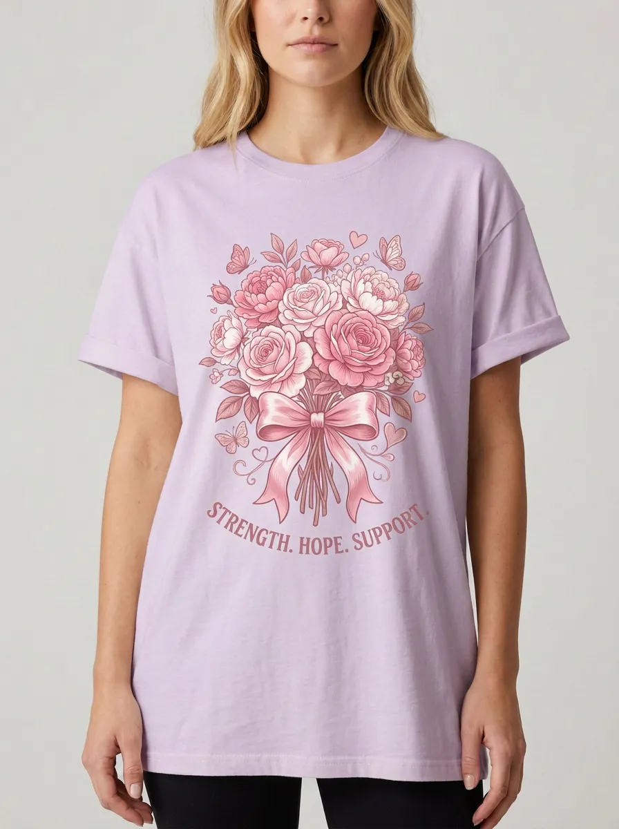Women's Breast Cancer Awareness Pink Floral Bow Printed T-shirt