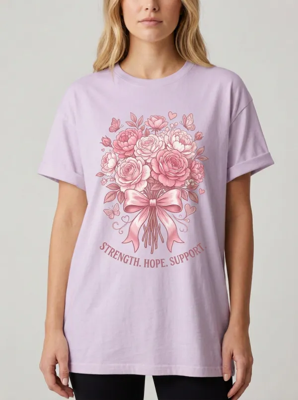 Women's Breast Cancer Awareness Pink Floral Bow Printed T-shirt