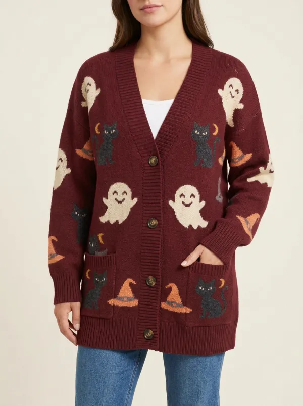 Women's Halloween Ghost Cat Witch Hat Patterned Knitted Cardigan