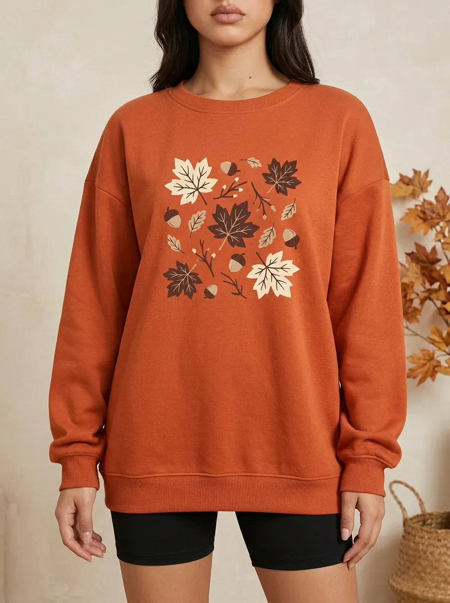 Textured Pattern Maple-Leaf Printed Acorn Graphic Sweatshirt