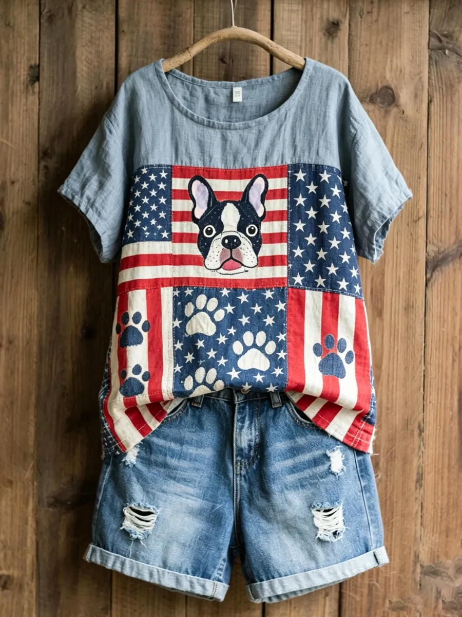 Women's Animal Paw Print Patchwork Design T-Shirt