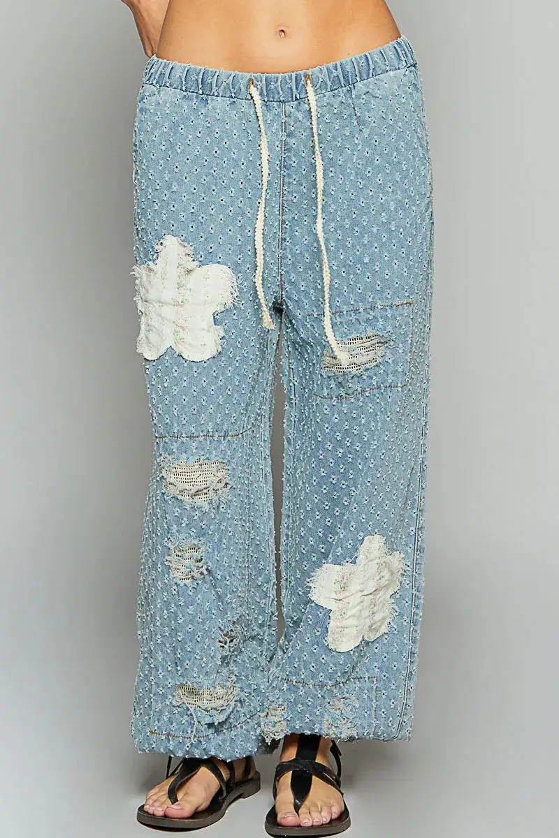 Floral Patch Washed Textured Twill Pants With Crochet See Thru Patch