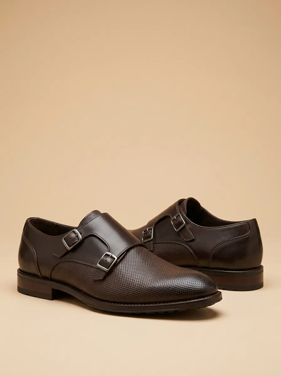 Men's Contemporary Business Formal Textured Double Monk Strap Leather Shoes