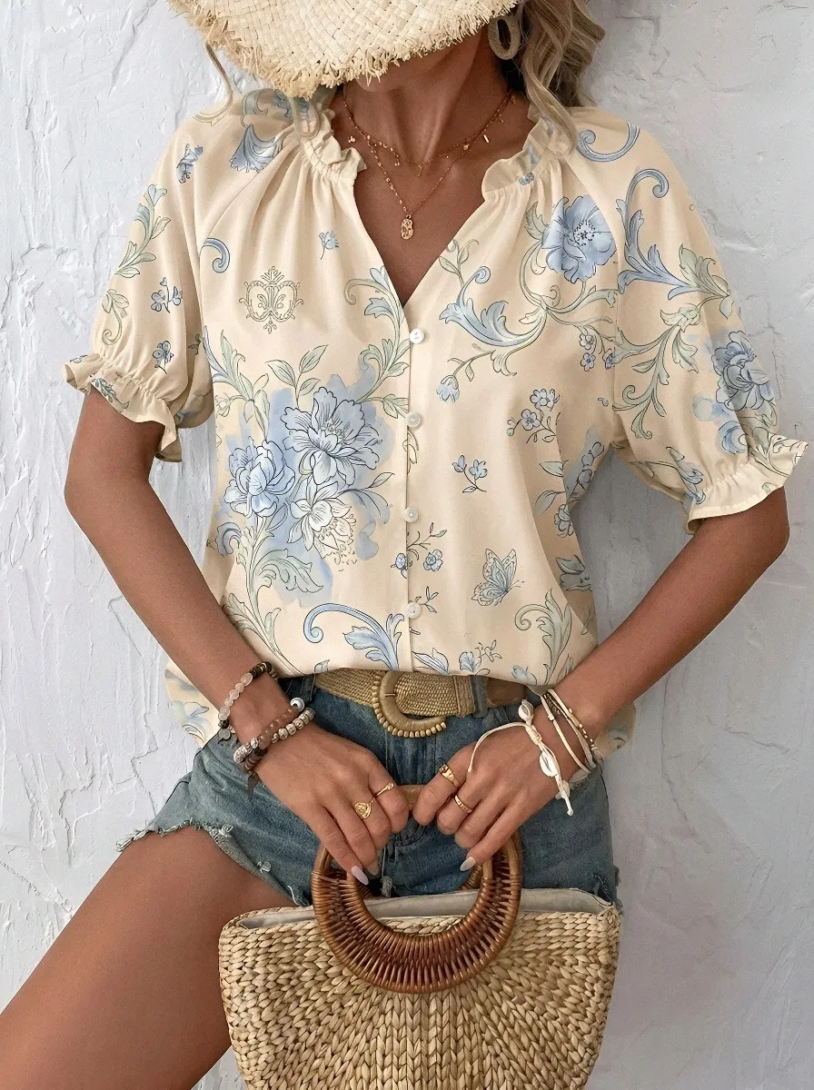 Women's Floral Butterfly Pattern Printed V-Neck Blouse