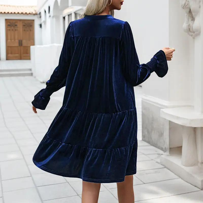 Women's V-Neck Velvet Ruffled Evening Dress