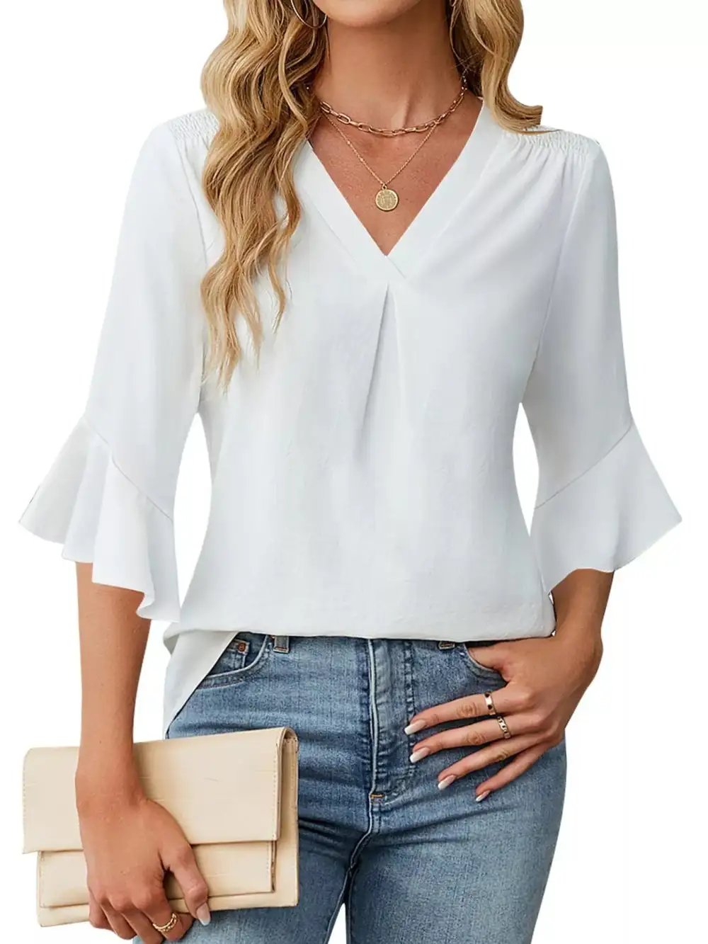 V Neck Ruffle Sleeve Blouse