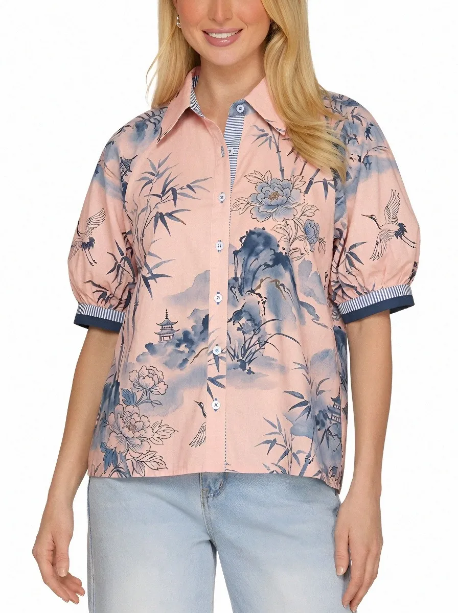 Women's Asian Landscape Crane Floral Printed Button-up Shirt