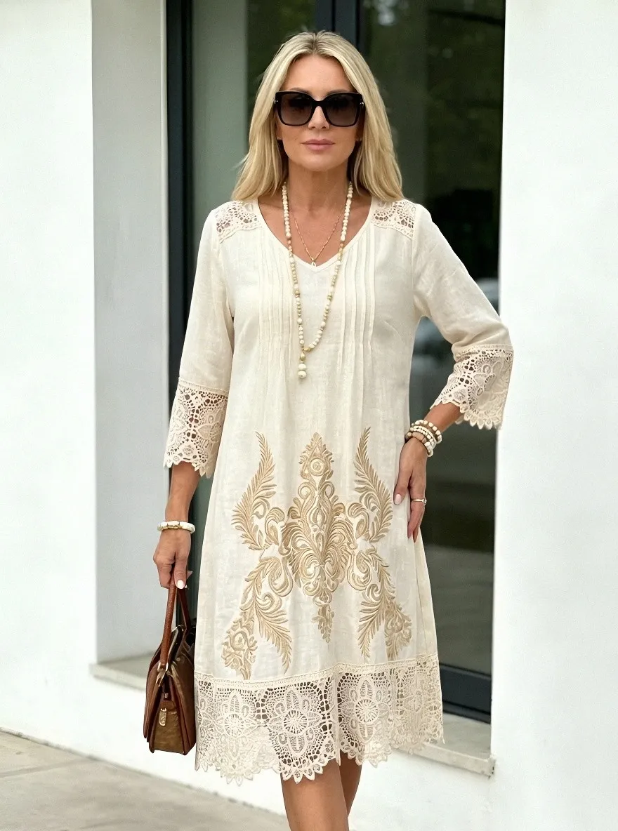 Women's Summer Vacation Floral Embroidery Lace Trim Printed Dress