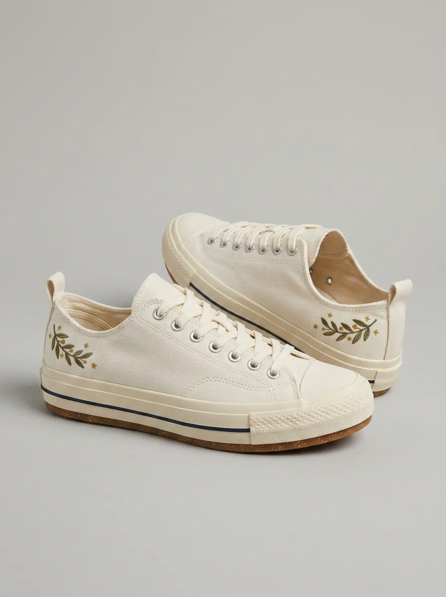 Modern Embroidered Botanical Women's Low-Top Canvas Shoes