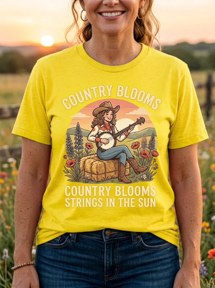 Western-Inspired Country Music Banjo Cowgirl Crew Neck T-Shirt