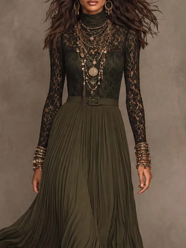 Boho Dark Olive Green Lace Chiffon High Neck Long Sleeve Pleated Maxi Dress With Belt