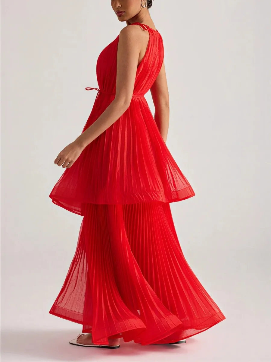Elara Pleated Halter Two-Piece Chiffon Maxi Set In Red