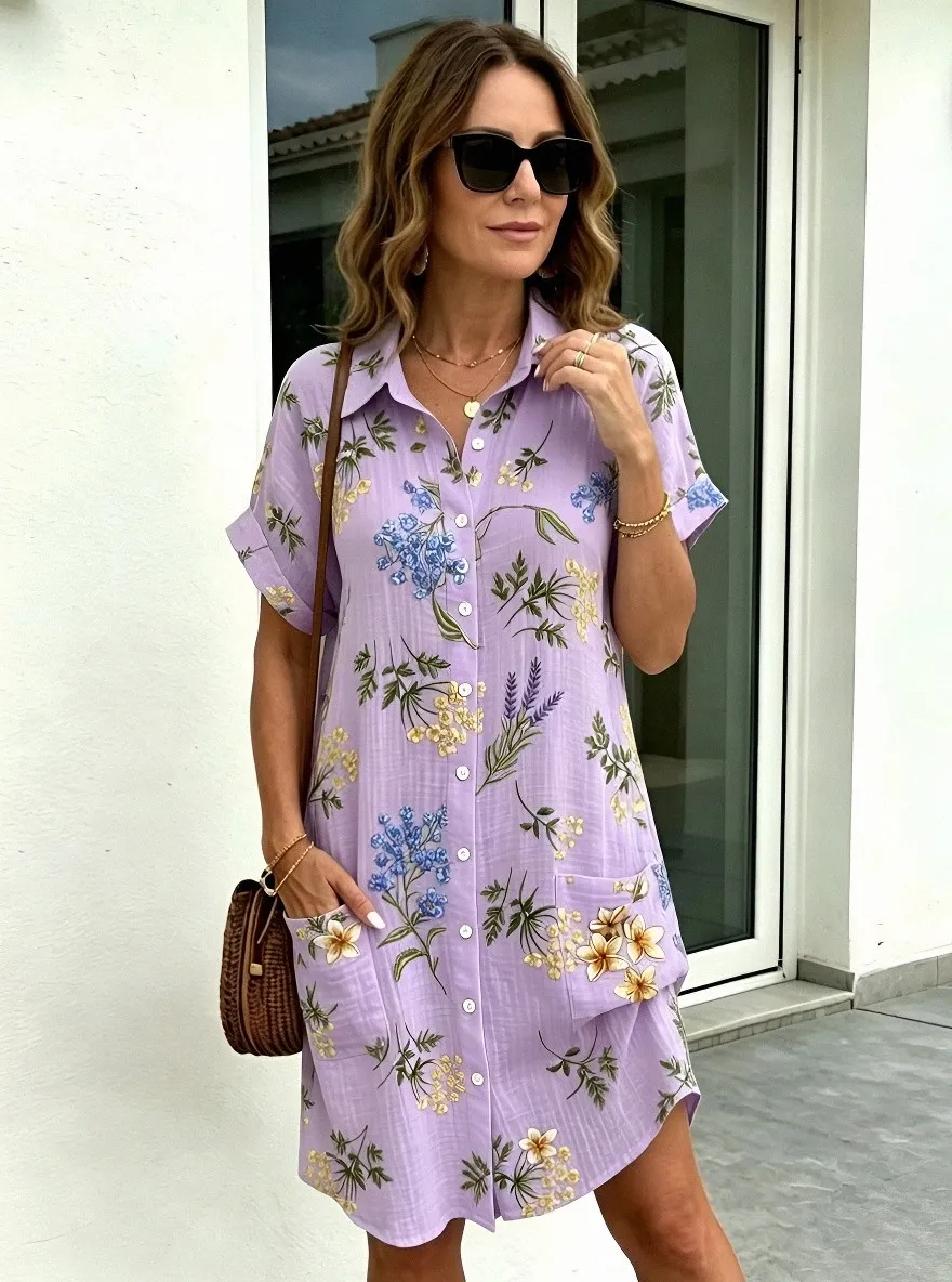 Women's Summer Vacation Floral Botanical Printed Shirt Dress