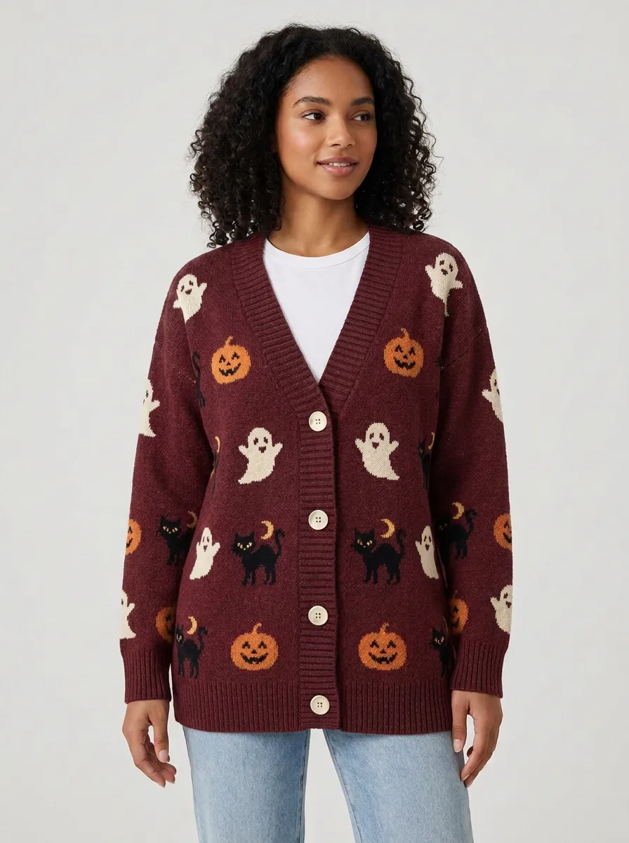 Women's Halloween Ghost Pumpkin Cat Pattern Knitted Cardigan