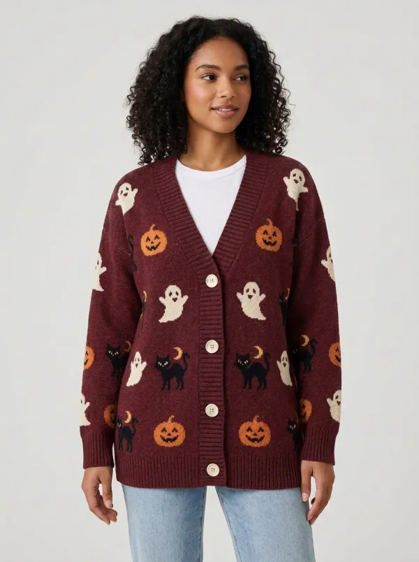 Women's Halloween Ghost Pumpkin Cat Pattern Knitted Cardigan