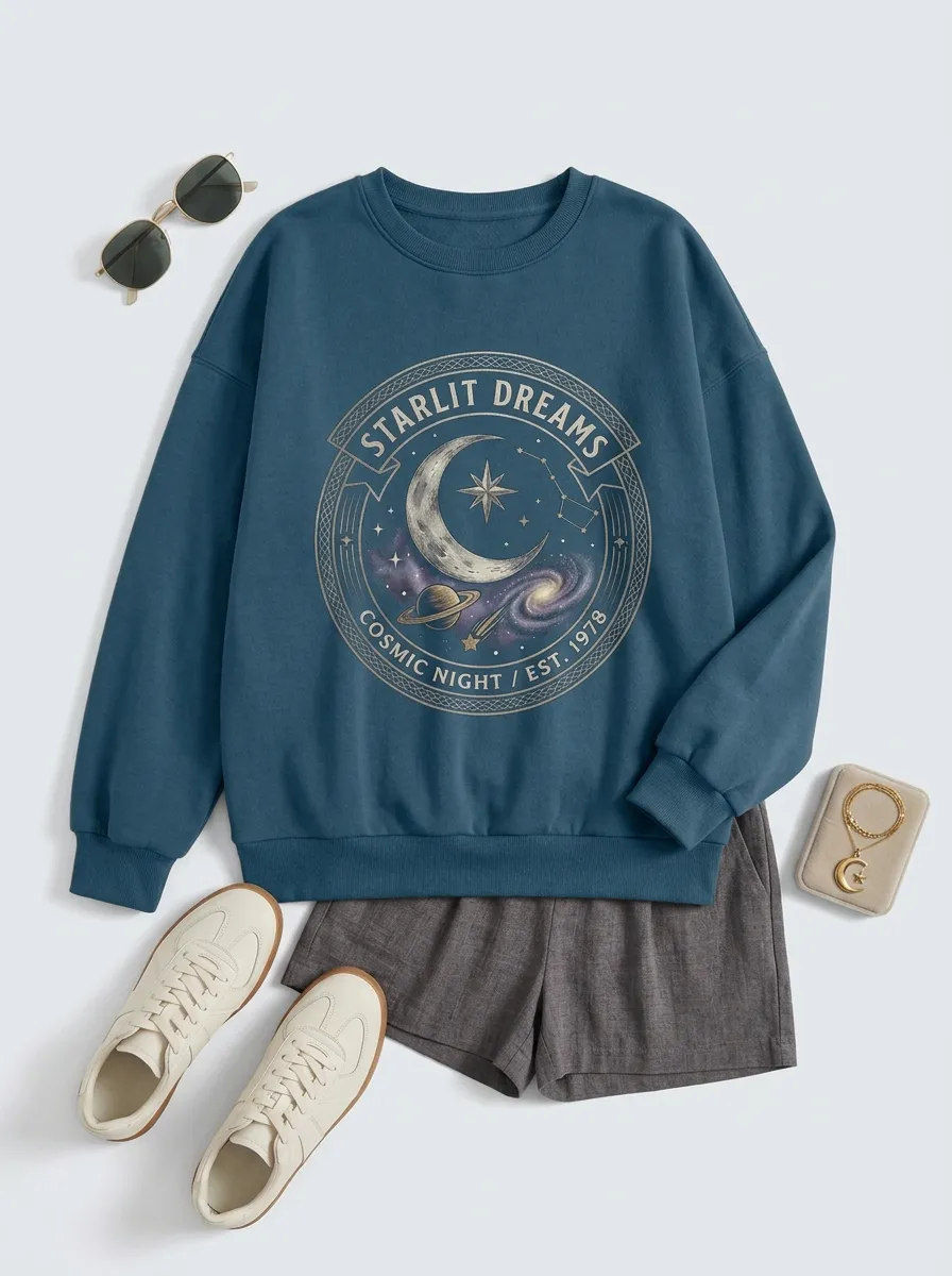 Women's Starlit Dreams Cosmic Night Moon Planet Printed T-shirt