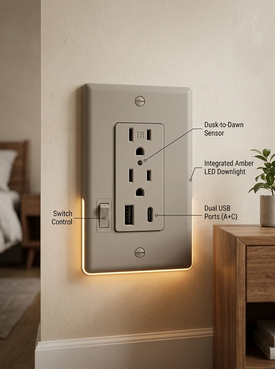 Dusk-to-Dawn Sensor Dual USB Port Amber LED Outlet Cover