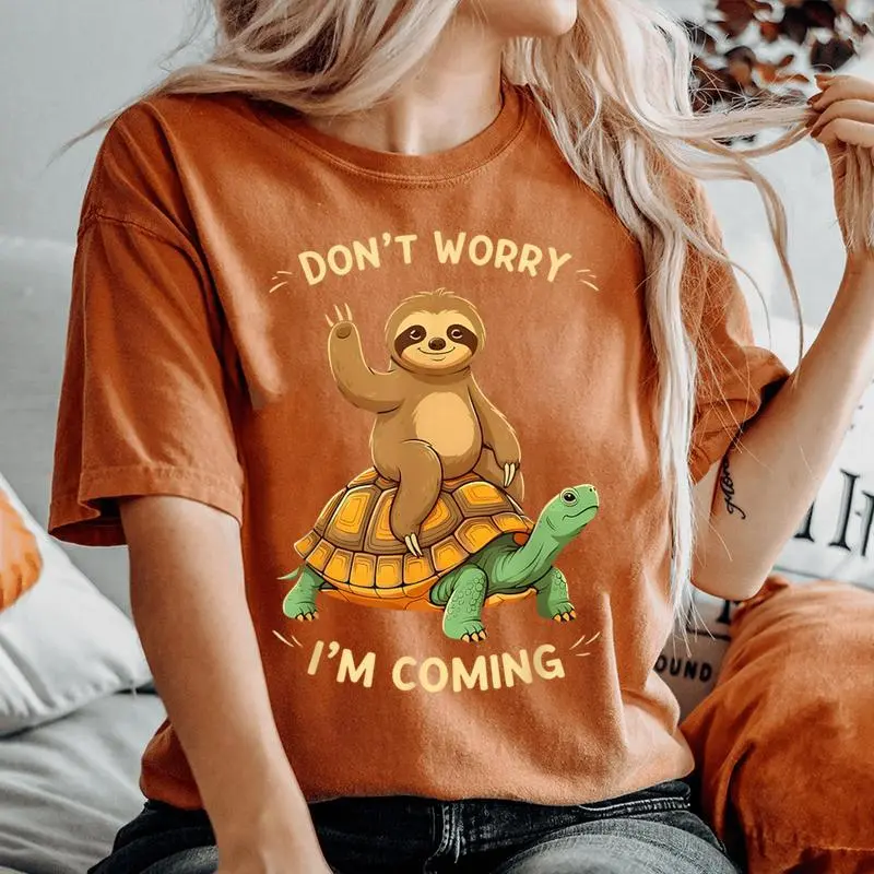 Sloth Riding Turtle Don't Worry I'm Coming Distressed Women's Oversized Comfort T-Shirt
