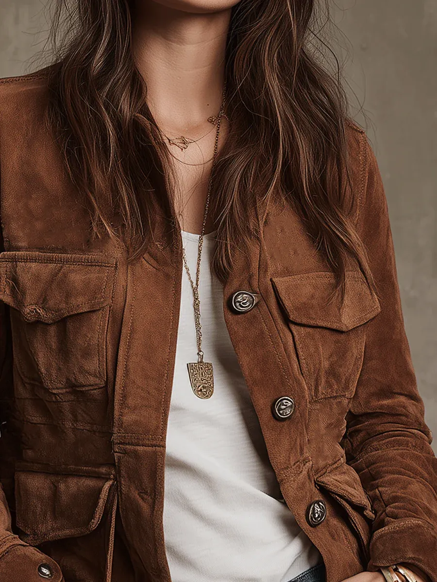 Multi-Pocket Faux-Suede Vintage Jacket