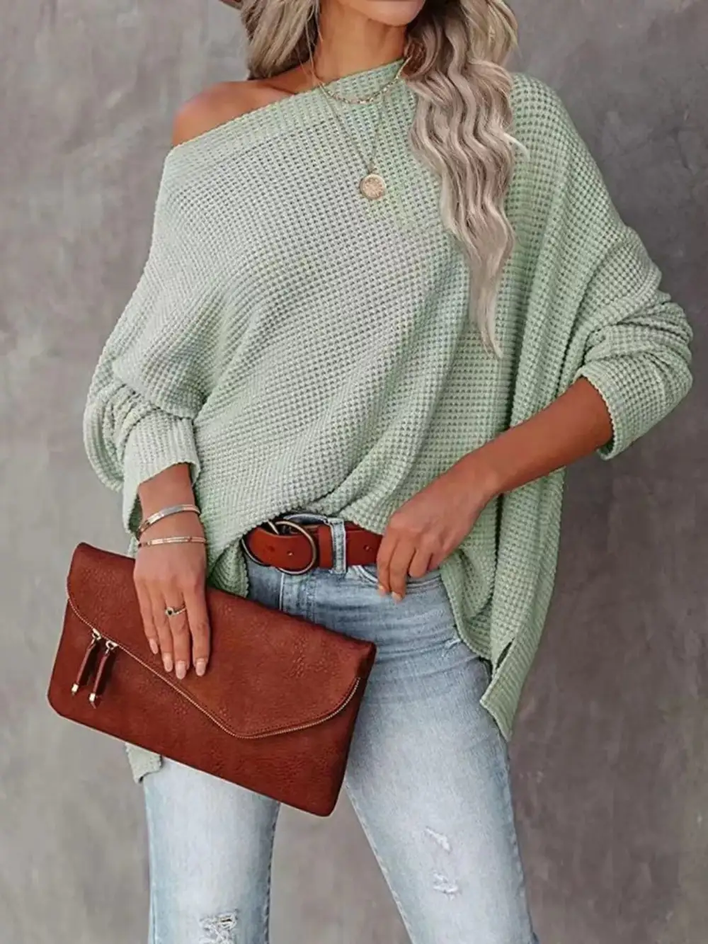 Waffle Knit Boat Neck Sweater