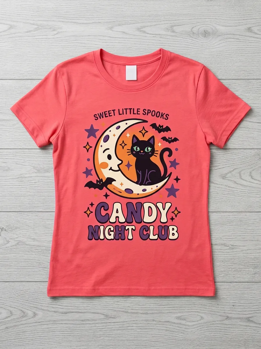Cat Moon Candy Halloween Graphic T-Shirt