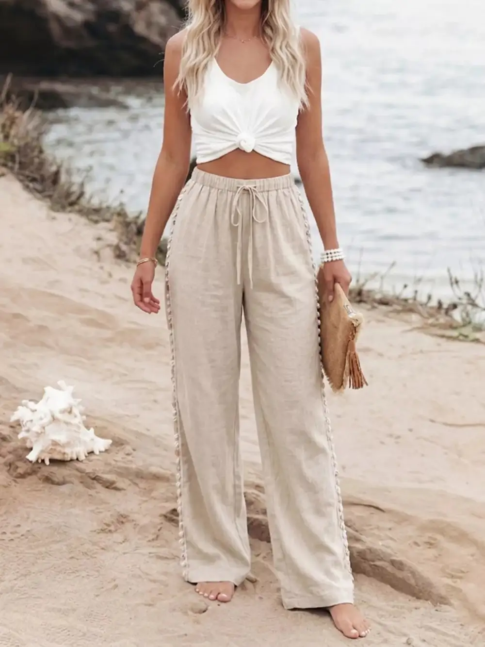 Linen Blend Wide Leg Drawstring Pants