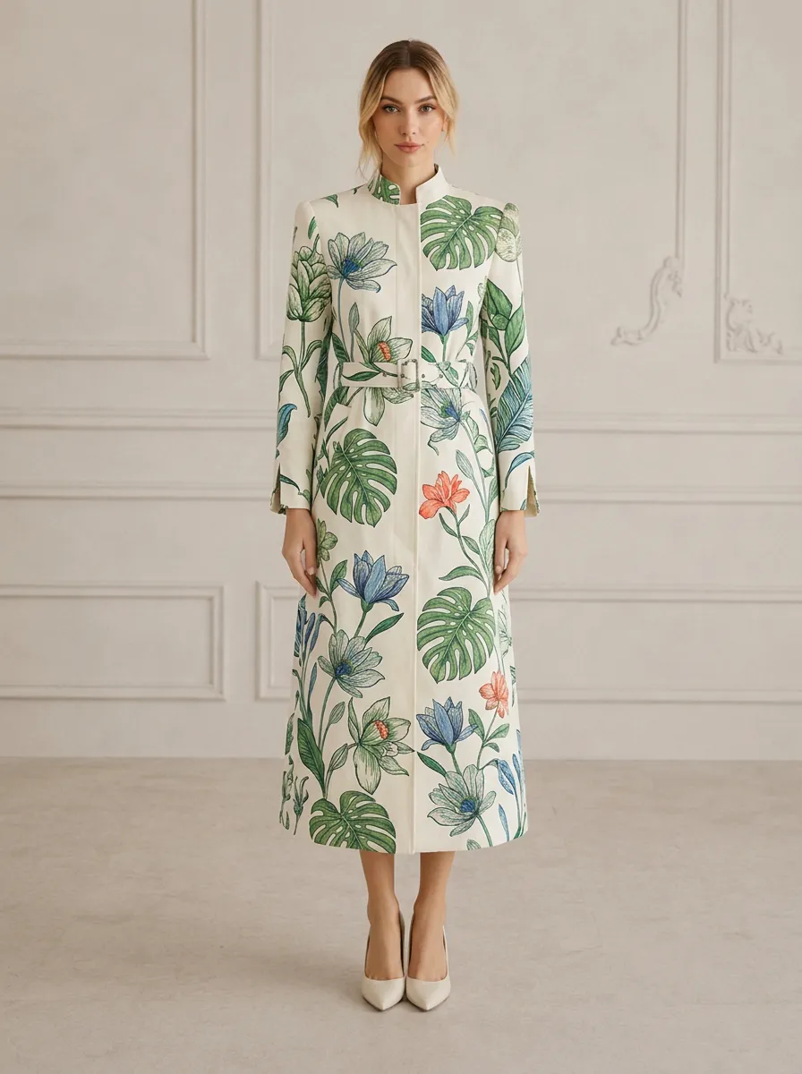 Women's Botanical Floral Monstera Leaf Printed Trench Coat