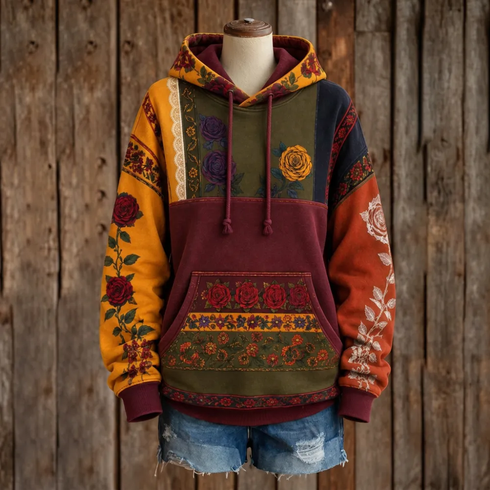 Women's Western Boho Rose Floral Patchwork Printed Hoodie