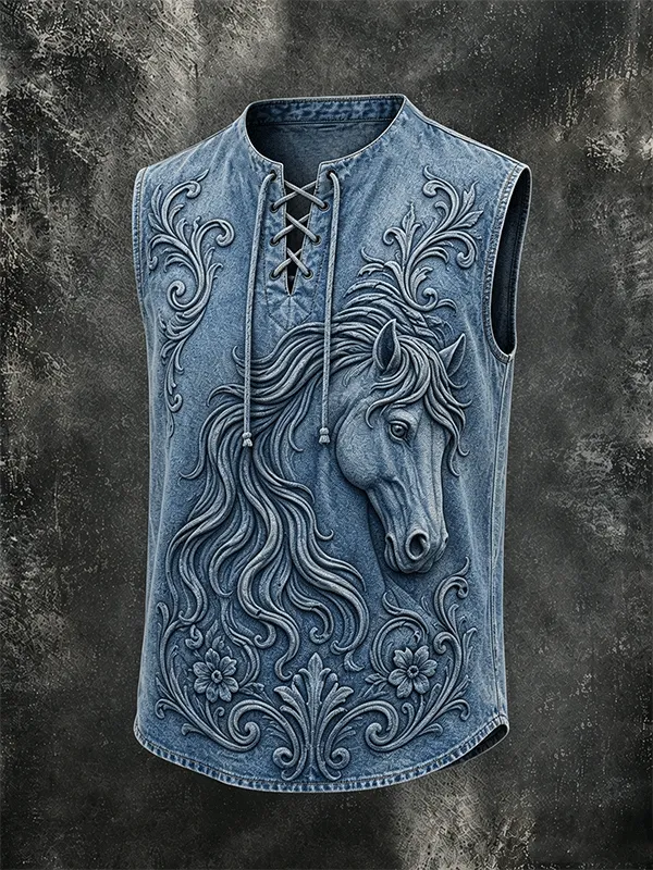 Men's Embossed Horse Floral Print Up Sleeveless Western Vest