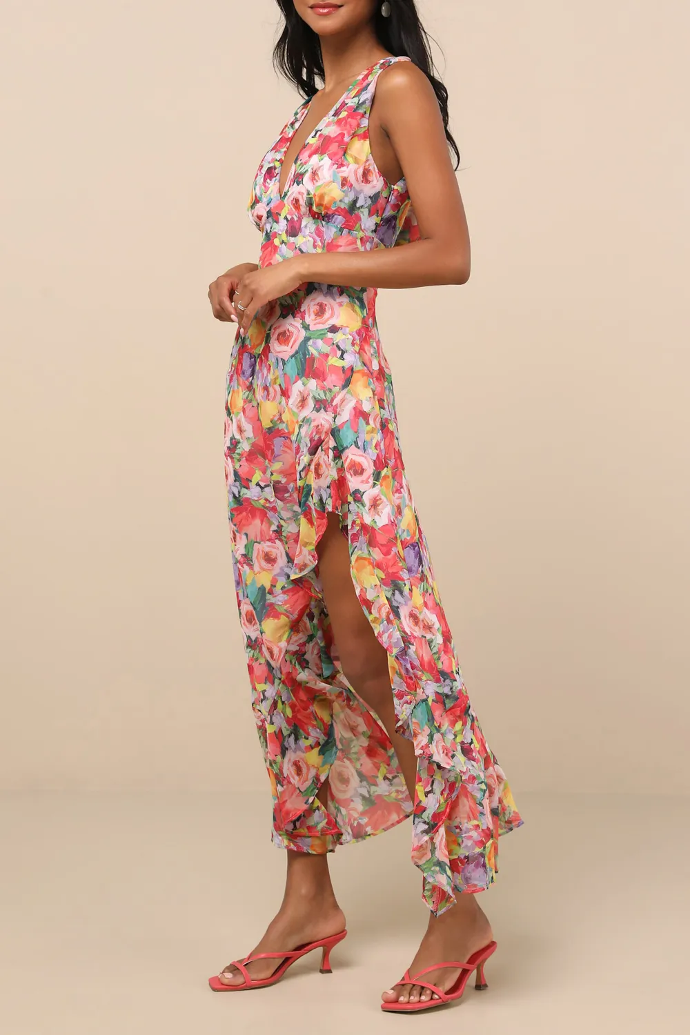 Casual Style Red Multi Floral Ruffled Cowl Back Maxi Dress