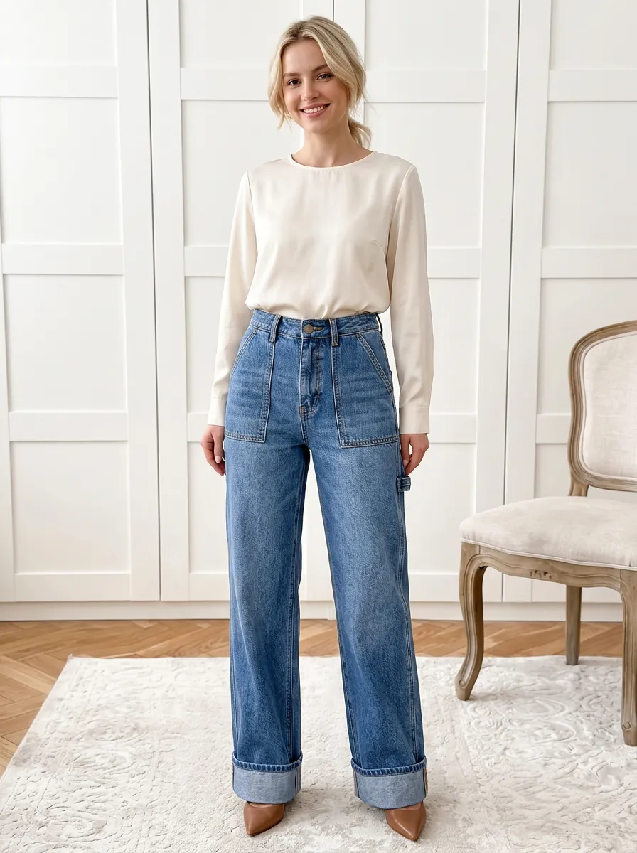 Women's Casual Fashion Wide Leg Cuffed Denim Jeans