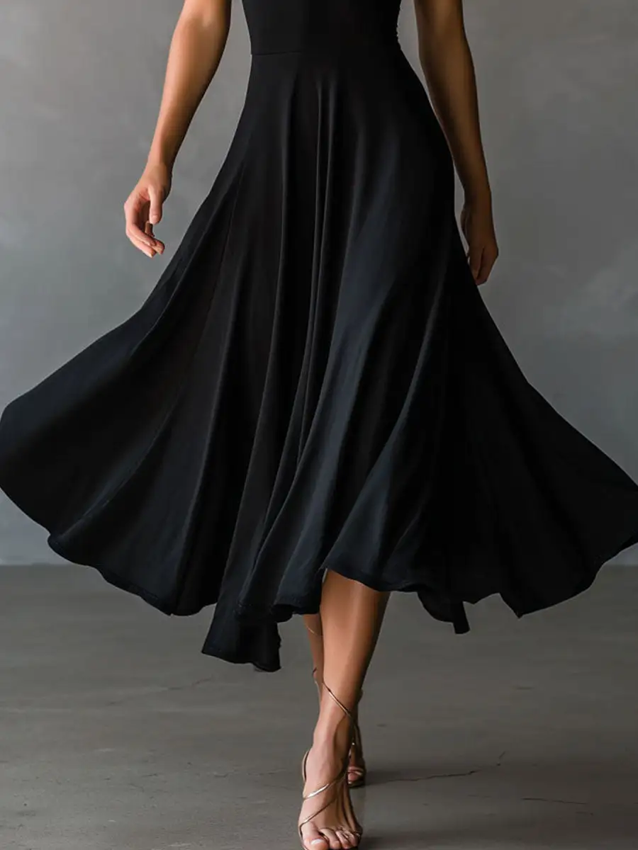 Retro Black Halter Cross Tie-back A-Line Midi Dress