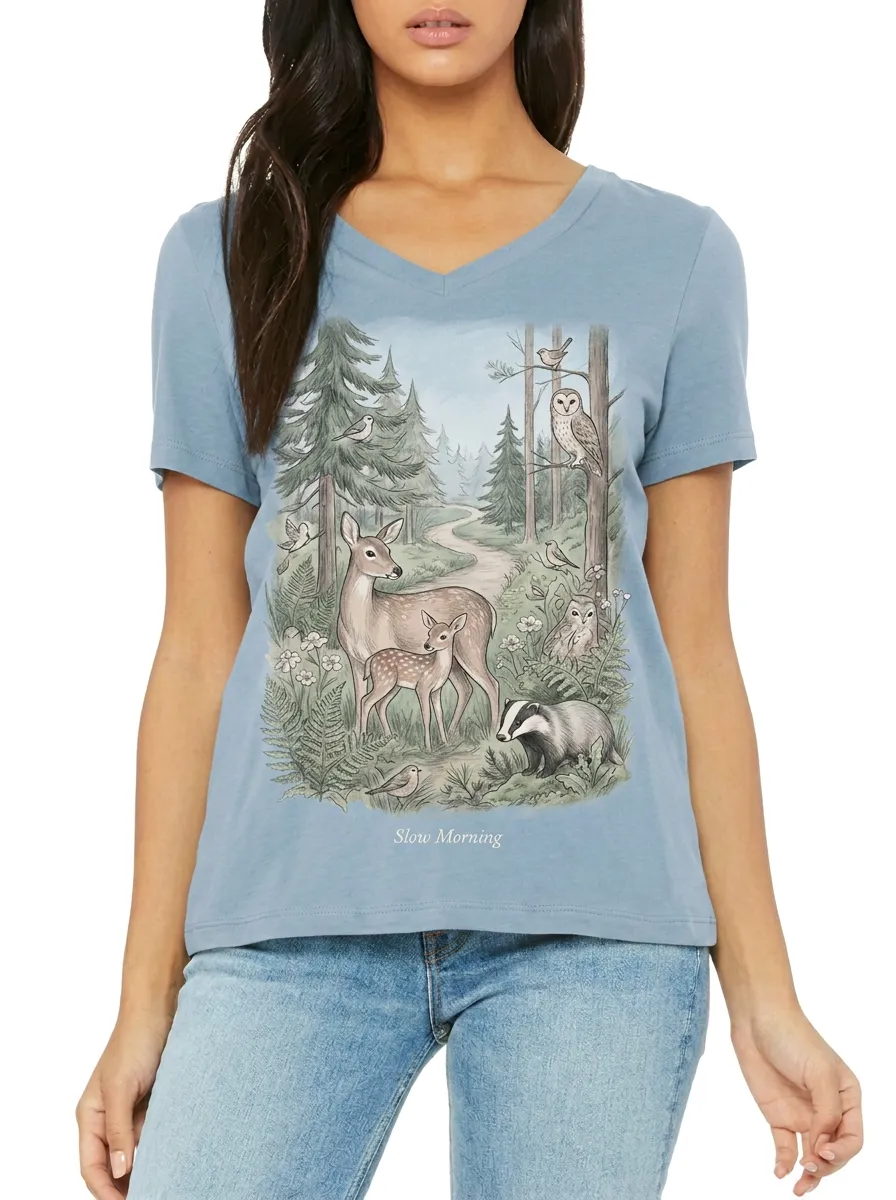 Women's Nature Lover Forest Animals Deer Owl Printed V-neck T-shirt
