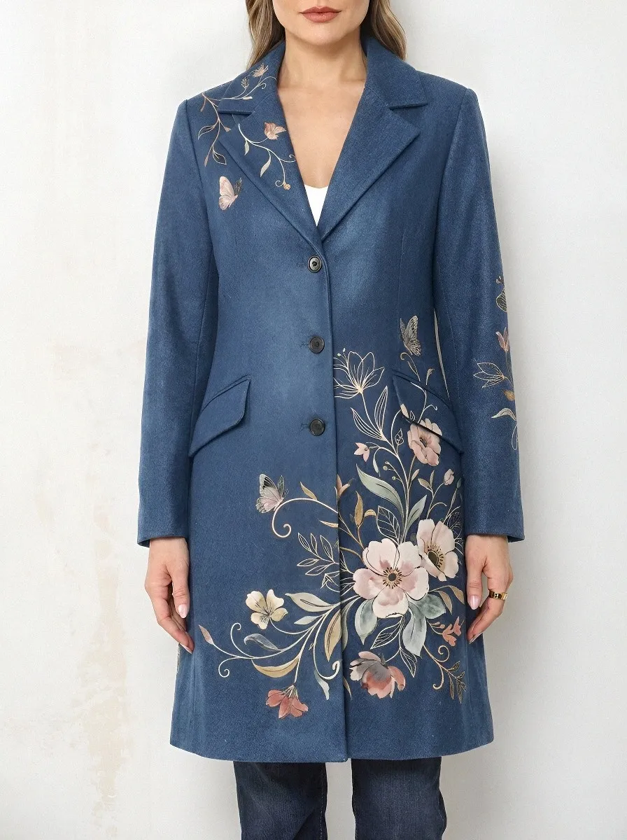 Women's Floral Butterfly Nature Printed Long Coat