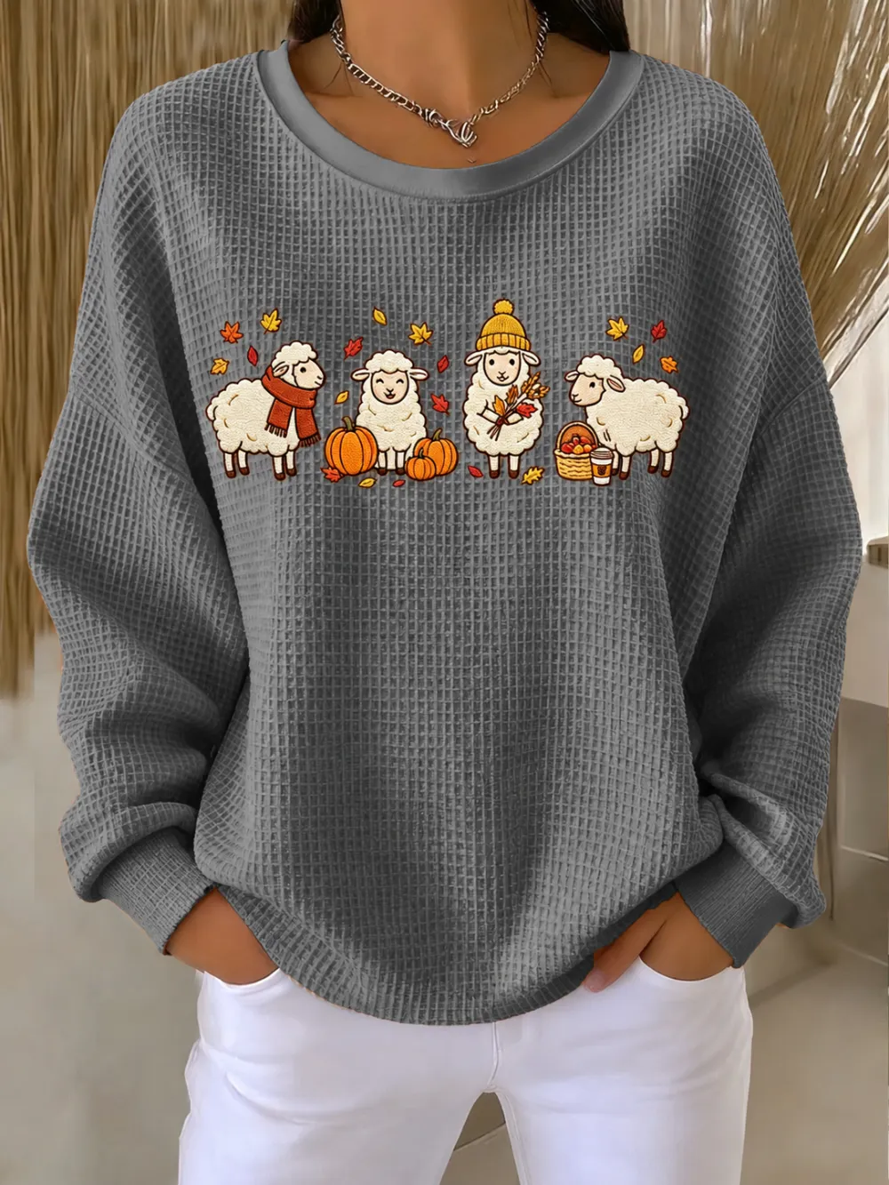 Women'S Autumn Sheep Pumpkin Printed Waffle Casual Sweatshirt