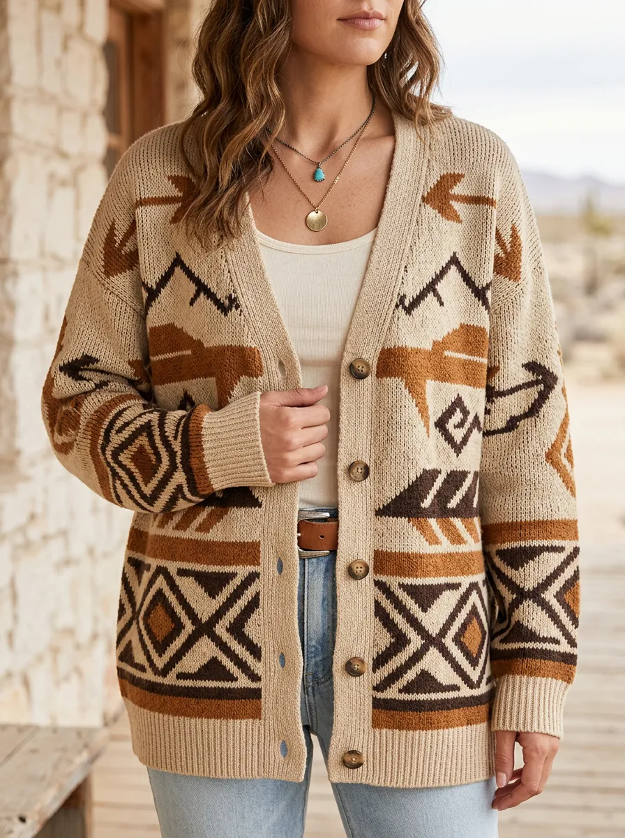 Women's Western Boho Geometric Pattern Printed Cardigan Sweater