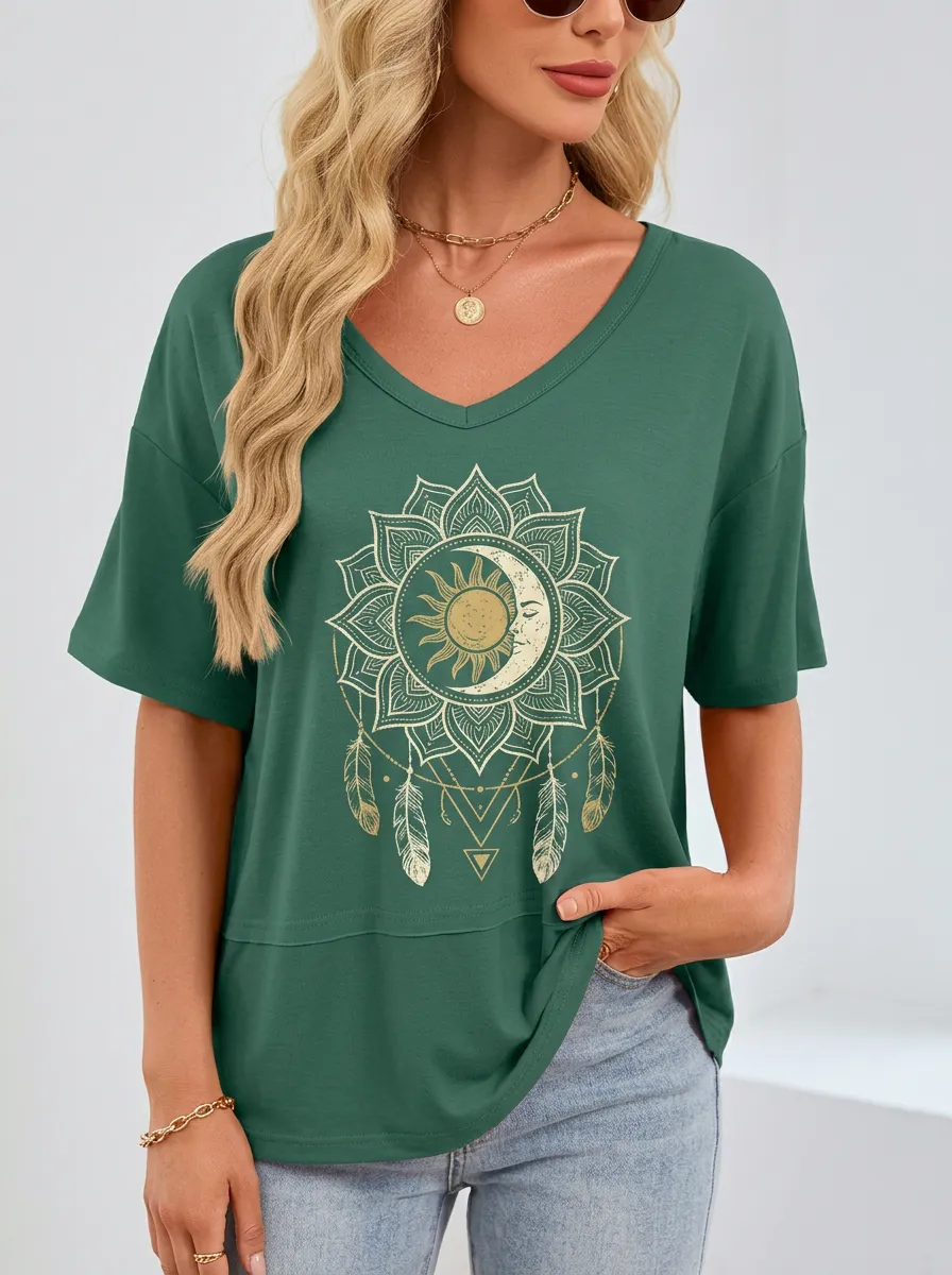 Women's Boho Celestial Sun Moon Feather Mandala Printed T-shirt